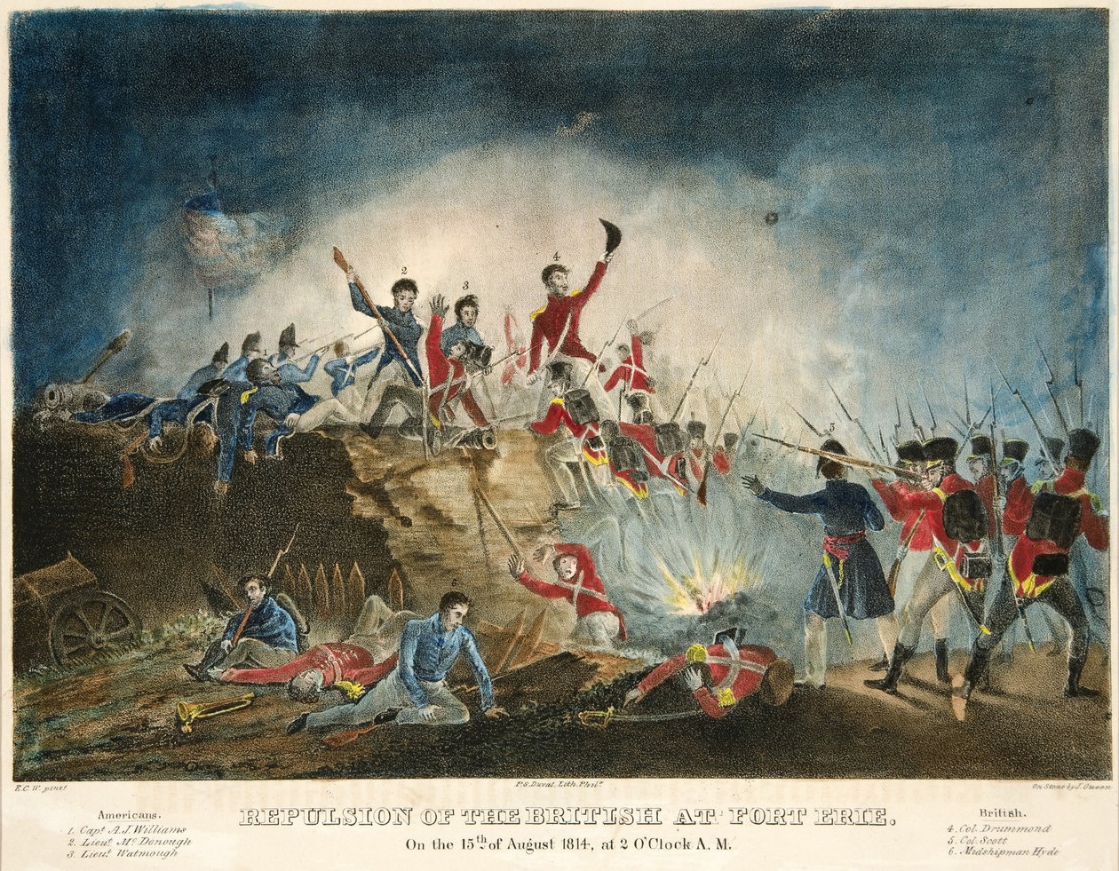A britek visszaverése Fort Erie-ben, 1814. augusztus 15-én, hajnali 2 órakor, kocsma. 1841, (kézzel színezett metszet) alkotó: James Fuller Queen