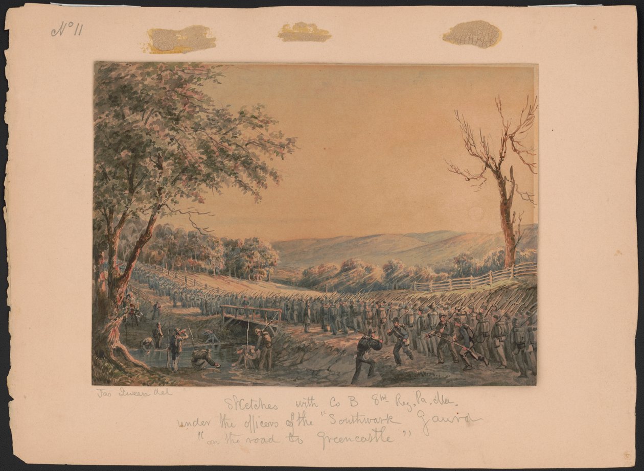 Vázlatok Co. B-vel, 8. sz. Pa. Ma. a régi Southwark Gaurd [sic] tisztjei alatt a Greencastle felé vezető úton / Jas. Queen del. Absztrakt/médium alkotó: James Fuller Queen