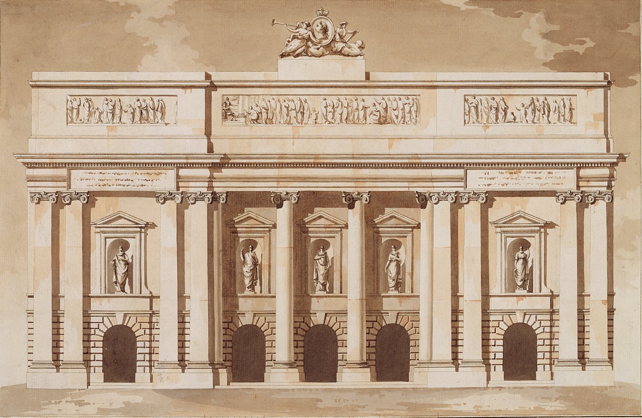 A dublini parlament nyugati frontjának domborzata, 1787 körül (toll és ecset barna tintával és WC-vel fektetett papíron) alkotó: James Gandon