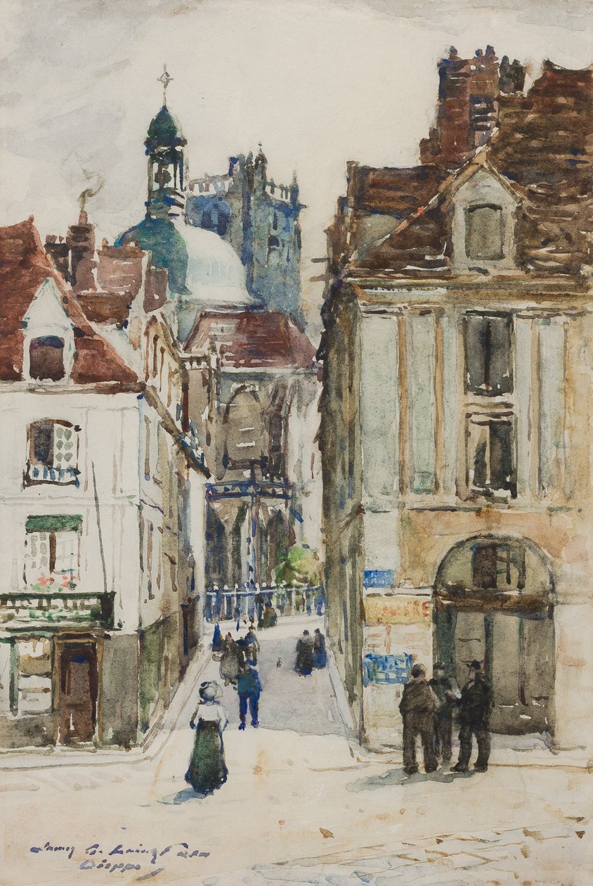 Dieppe, Rue Notre Dame, a rakpartról, 1900 körül alkotó: James Garden Laing