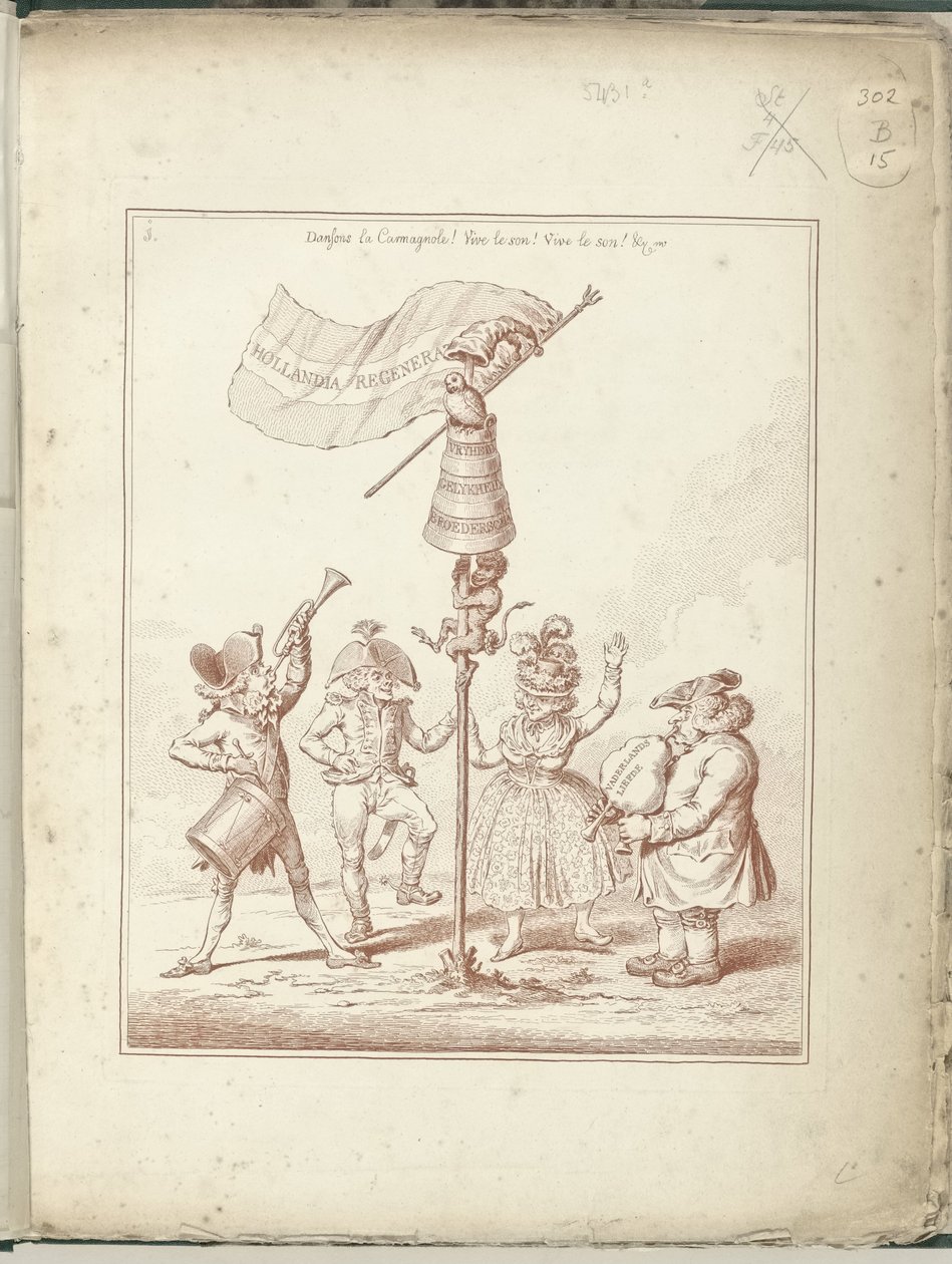 Titelprent van serie Hollandia Regenerata, 1795 Hollandia Regenerata (cím az objektumon) Hollandia Regenerata (sorozat címe) alkotó: James Gillray (possibly)