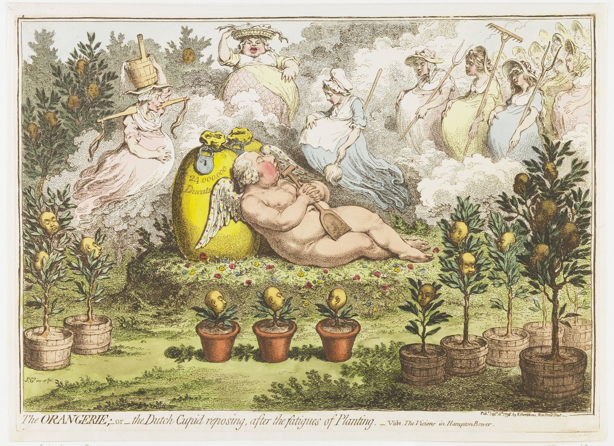 The Orangerie: A holland Cupido kipiheni az ültetés fáradalmait, 1796 A Narancsház; vagy a holland Ámor pihen, az ültetés fáradalmai után (cím a tárgyon) alkotó: James Gillray (signed by artist)