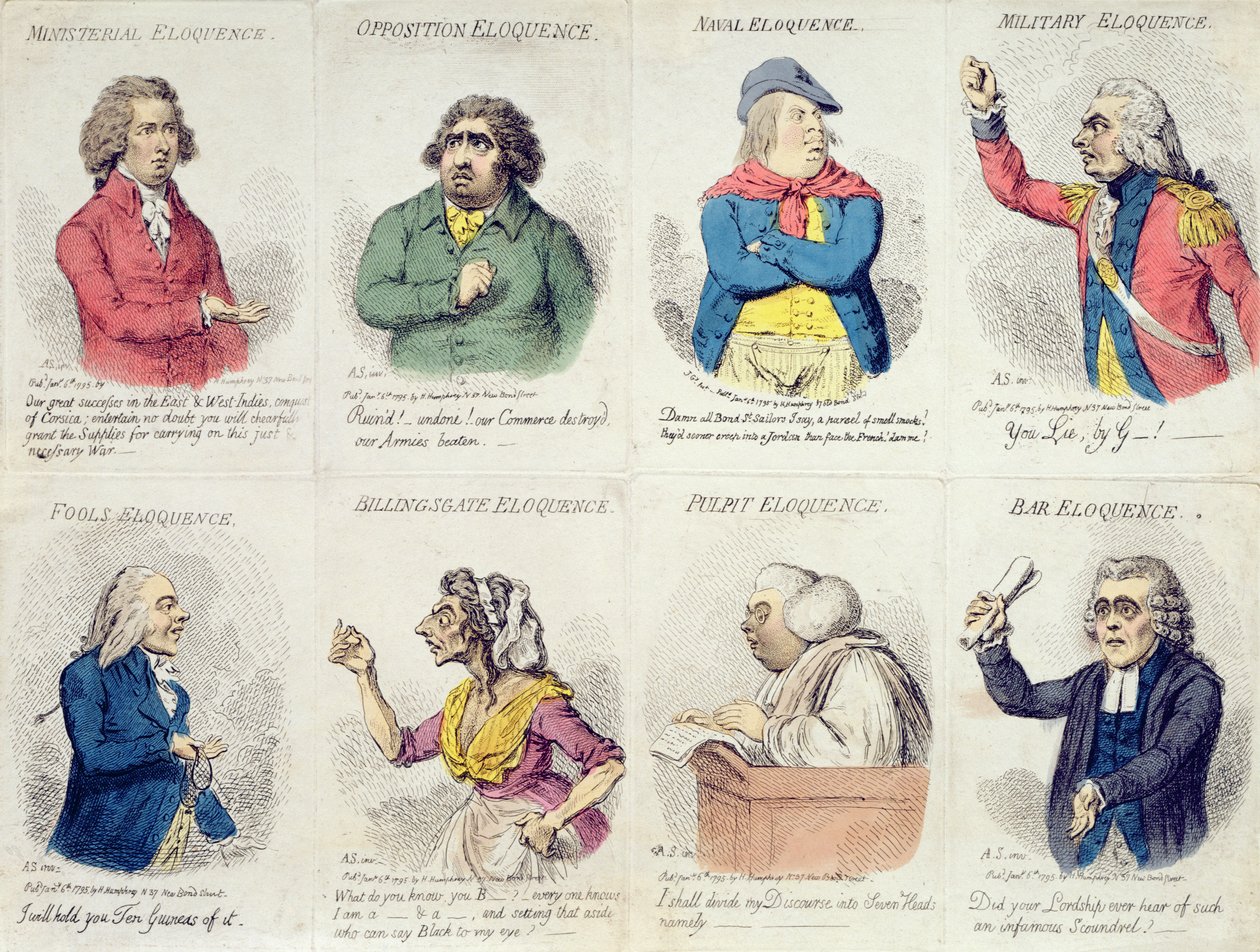8 ékesszólást ábrázoló matrica, Hannah Humphrey 1795-ben (kézzel színezett rézkarc) alkotó: James Gillray