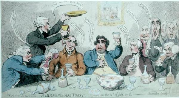 A birminghami pirítós a Revolution Society által július 14-én adott, S.W. Fores 1791-ben (kézzel színezett rézkarc) alkotó: James Gillray