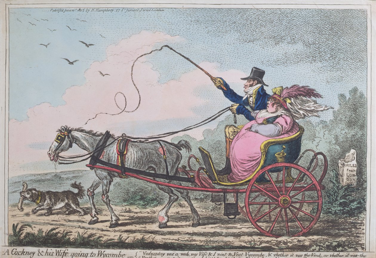 Egy Cockney és felesége Wycombe-ba megy, Hannah Humphrey adta ki 1805-ben (kézzel színezett rézkarc akvatintával) alkotó: James Gillray