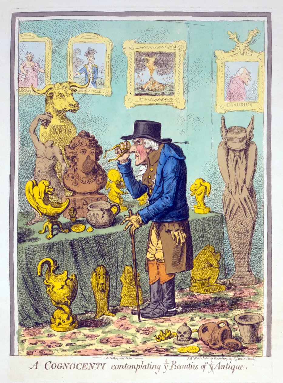 Egy Cognocenti, aki a Ti Antik szépségeit szemléli, kocsma. Hannah Humphrey, 1801. február 11. (kézzel színezett metszet) alkotó: James Gillray