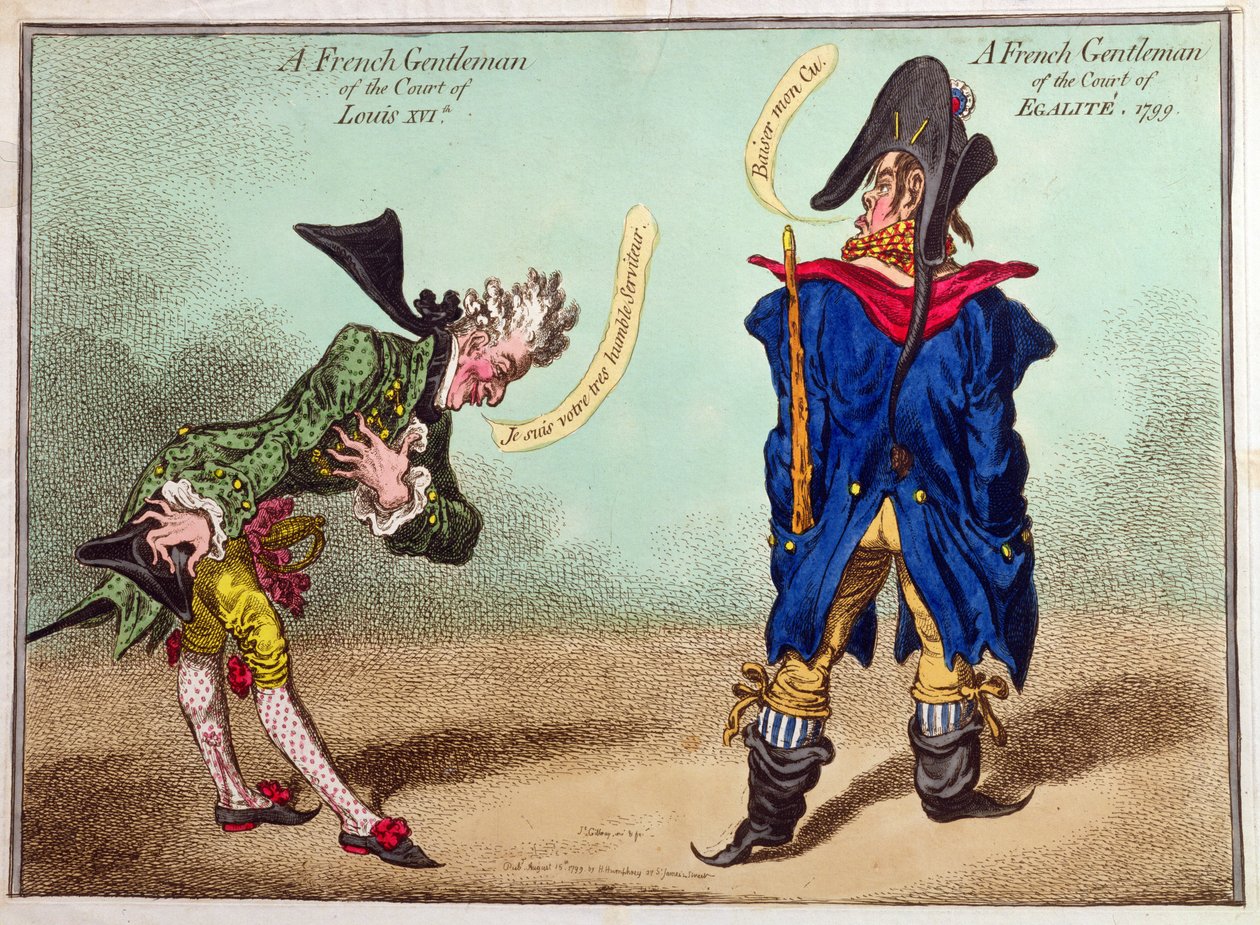 Egy francia úriember XVI. Lajos udvarából és egy francia úriember az Egalite udvarából, 1799-ben megjelent (kézzel színezett rézkarc) alkotó: James Gillray