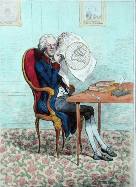 Egy éles látó politikus, aki kideríti a brit hódításokat, Hannah Humphrey adta ki 1795-ben (kézzel színezett rézkarc) alkotó: James Gillray
