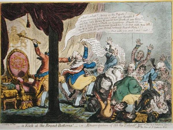 Egy rúgás a széles fenékbe! - azaz - Az "összes tehetség" felszabadítása, kiadta Hannah Humphrey 1807-ben (kézi színezésű metszet akvatintával). alkotó: James Gillray