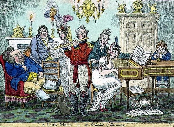"Egy kis zene, avagy a harmónia gyönyörei", kocsma. írta: Hannah Humphrey alkotó: James Gillray