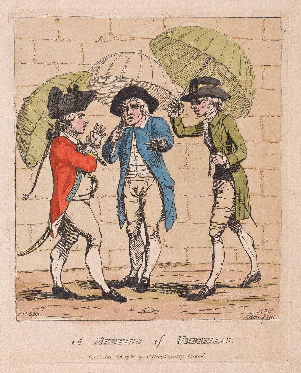 Esernyők találkozója, kocsma. 1782 (kézzel színezett metszet) alkotó: James Gillray