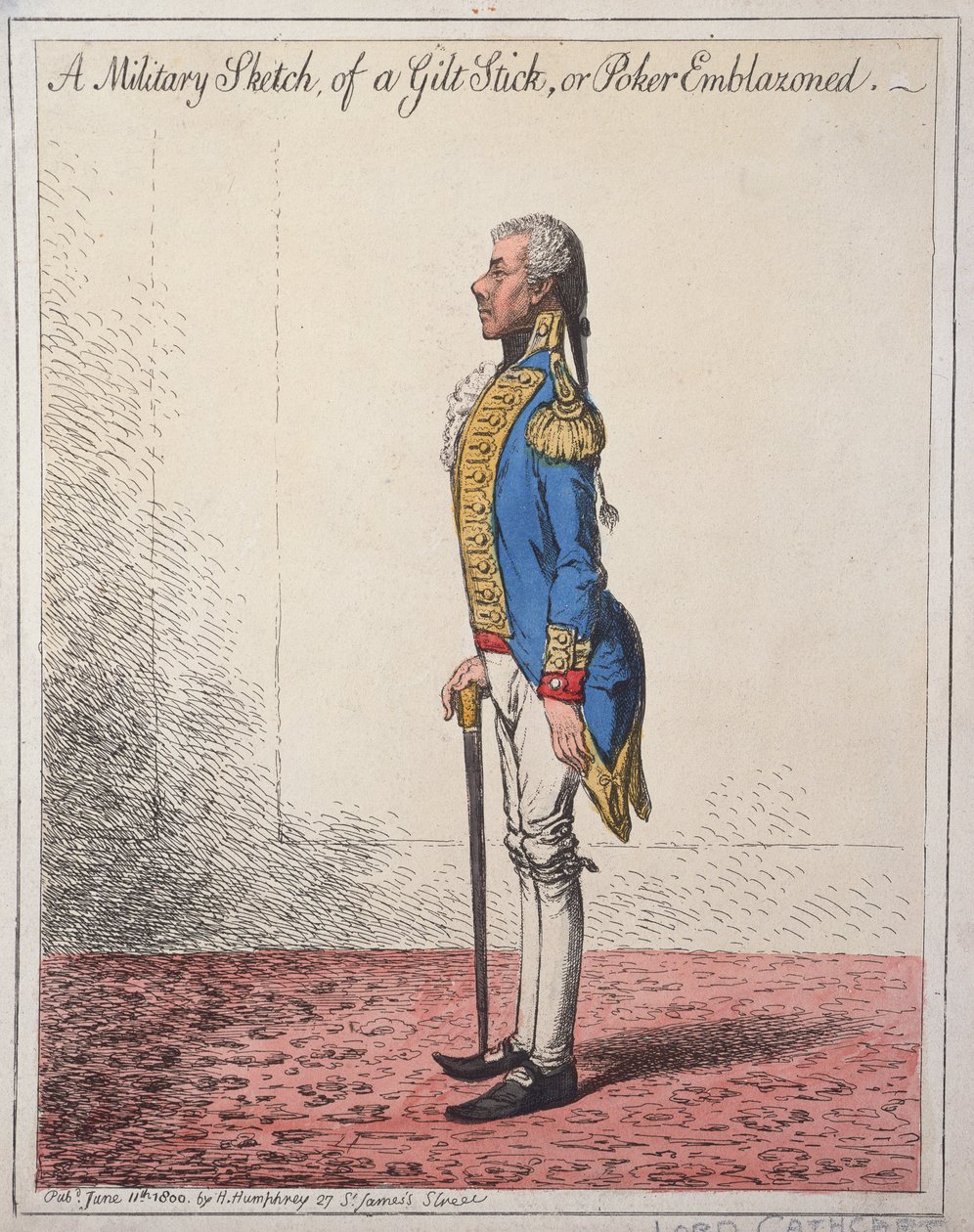 A Military Sketch of a Gilt Stick, or a Poker Emblazoned, kiadta Hannah Humphrey 1800-ban (kézi színezett metszet) alkotó: James Gillray