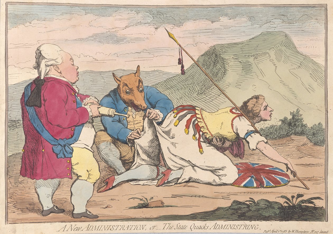 A New Administration vagy a The State Quacks Administring, pub. 1783 (kézzel színezett metszet) alkotó: James Gillray