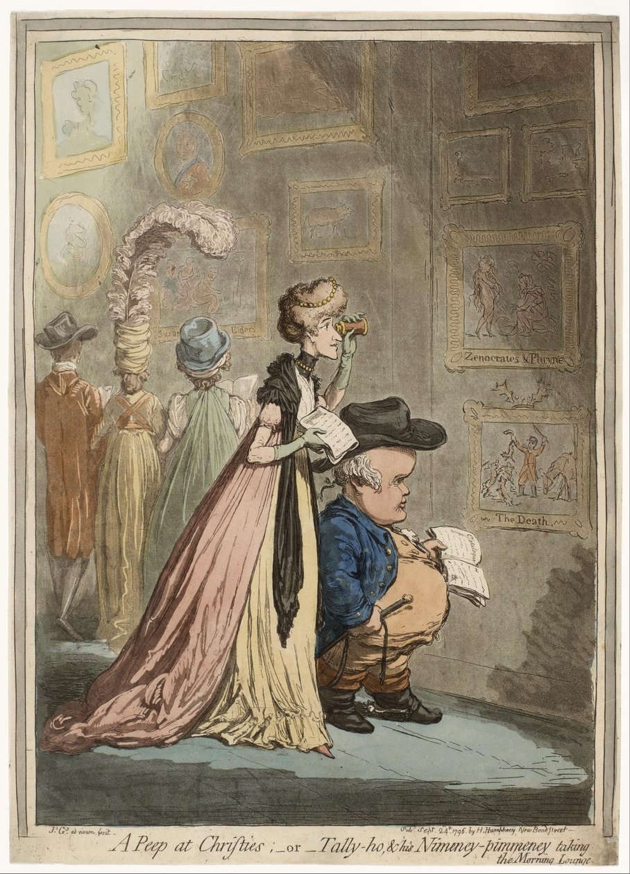 A Peep at Christies; vagy Tally-ho, amp; His Nimeney-Pimmeney Taking the Morning Lounge alkotó: James Gillray