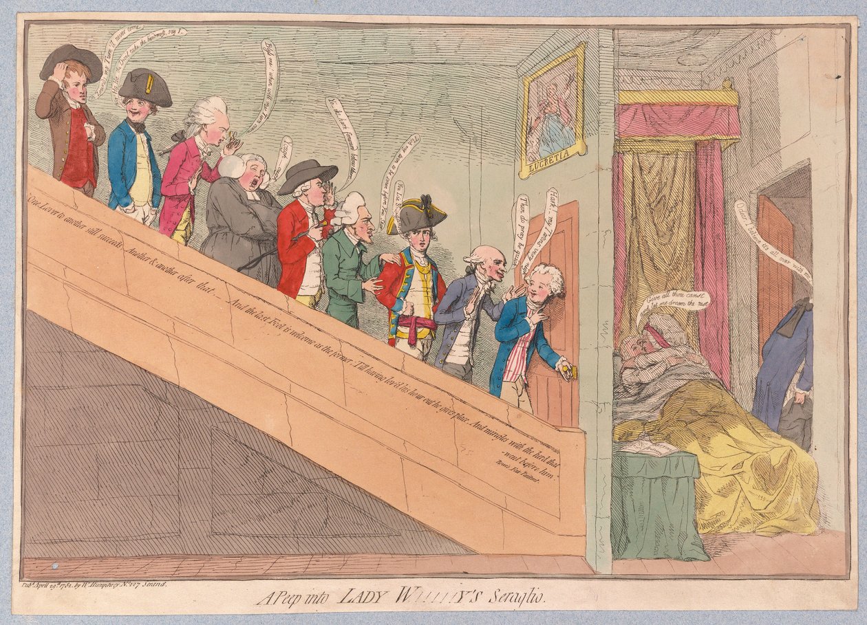 Bepillantás a Lady W!!!!!ys Seraglioba, pub. 1782 (kézzel színezett metszet) alkotó: James Gillray