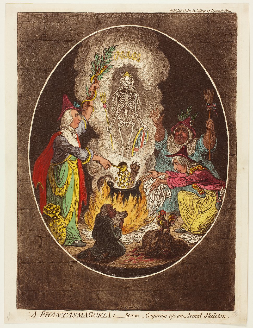 A Phantasmagoria - Jelenet - Egy fegyveres csontváz megidézése alkotó: James Gillray