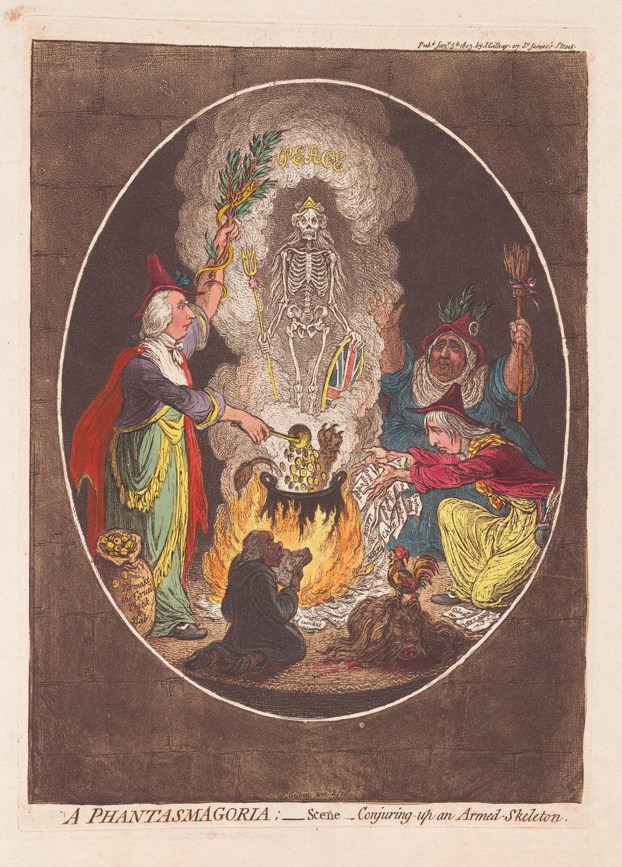 A Phantasmagoria: Scene - Fegyveres csontváz varázslása, kocsma. 1803 (kézzel színezett metszet) alkotó: James Gillray