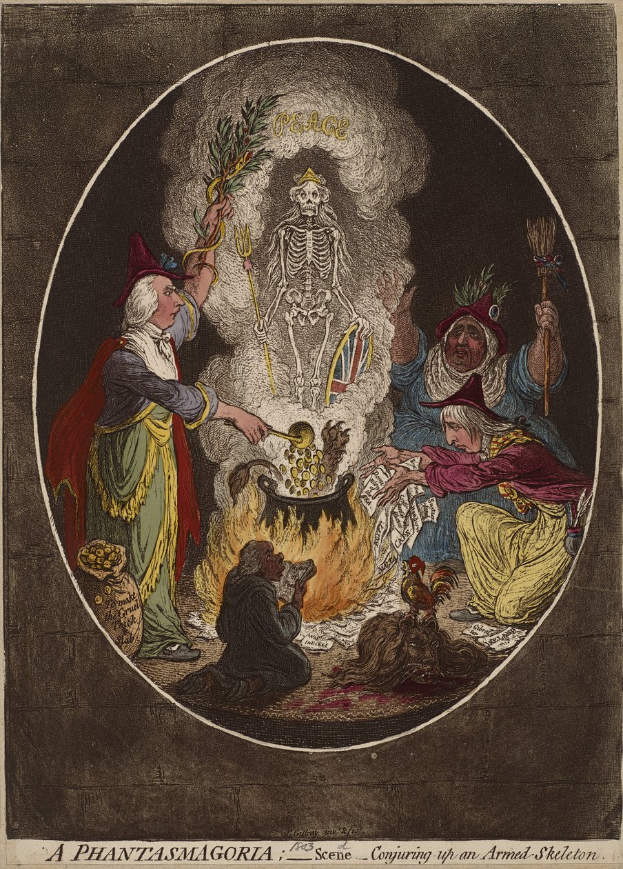 Egy fantazmagoria; - Jelenet - Fegyveres csontváz megidézése., 1803. január 5. (kézzel színezett rézkarc és akvatinta szőtt papíron) alkotó: James Gillray