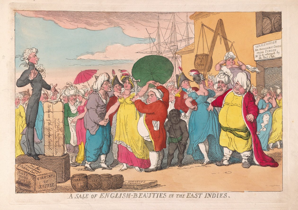 Angol szépségek kiárusítása Kelet-Indiában, pub. 1786 (kézzel színezett metszet) alkotó: James Gillray