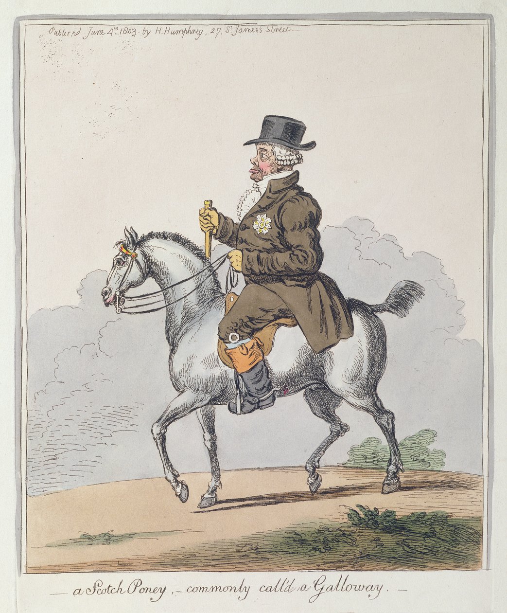 Egy skót póni, amelyet általában Galloway-nek hívnak, Hannah Humphrey adott ki 1803-ban (kézzel színezett rézkarc) alkotó: James Gillray