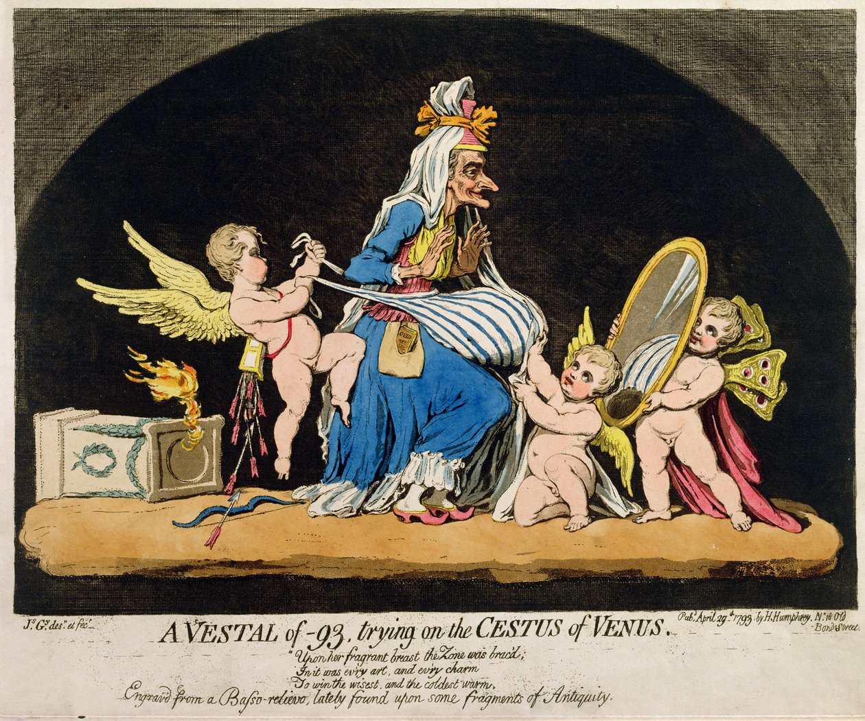 Hannah Humphrey 1793-ban kiadott egy -93 éves Vestal a Vénusz Cestusán (kézzel színezett rézkarc és akvatinta gravírozás) alkotó: James Gillray