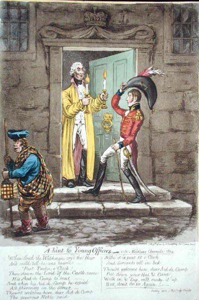 Tipp a fiatal tiszteknek, Hannah Humphrey 1804-ben (kézzel színezett rézkarc) alkotó: James Gillray