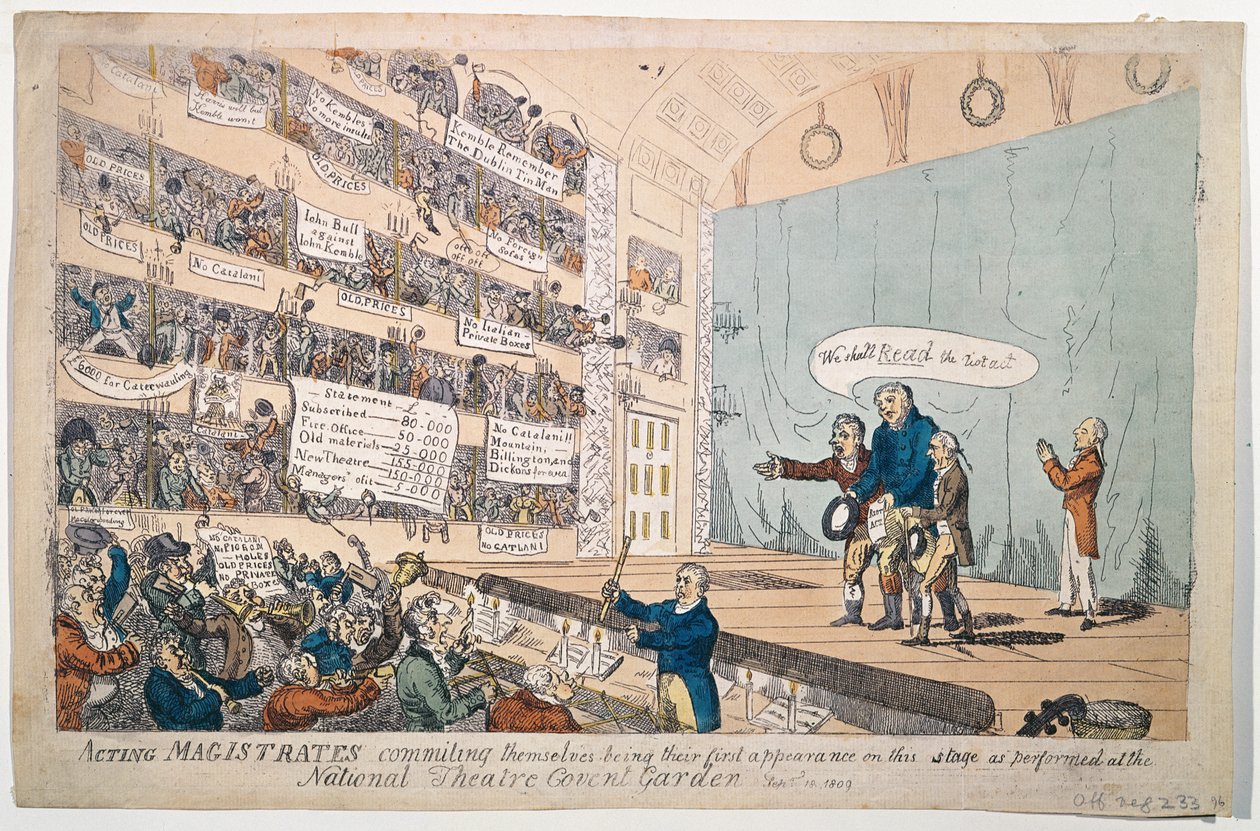 Az 1809-ben kiadott Covent Garden National Theatre első fellépése (kézzel színezett rézkarc). alkotó: James Gillray
