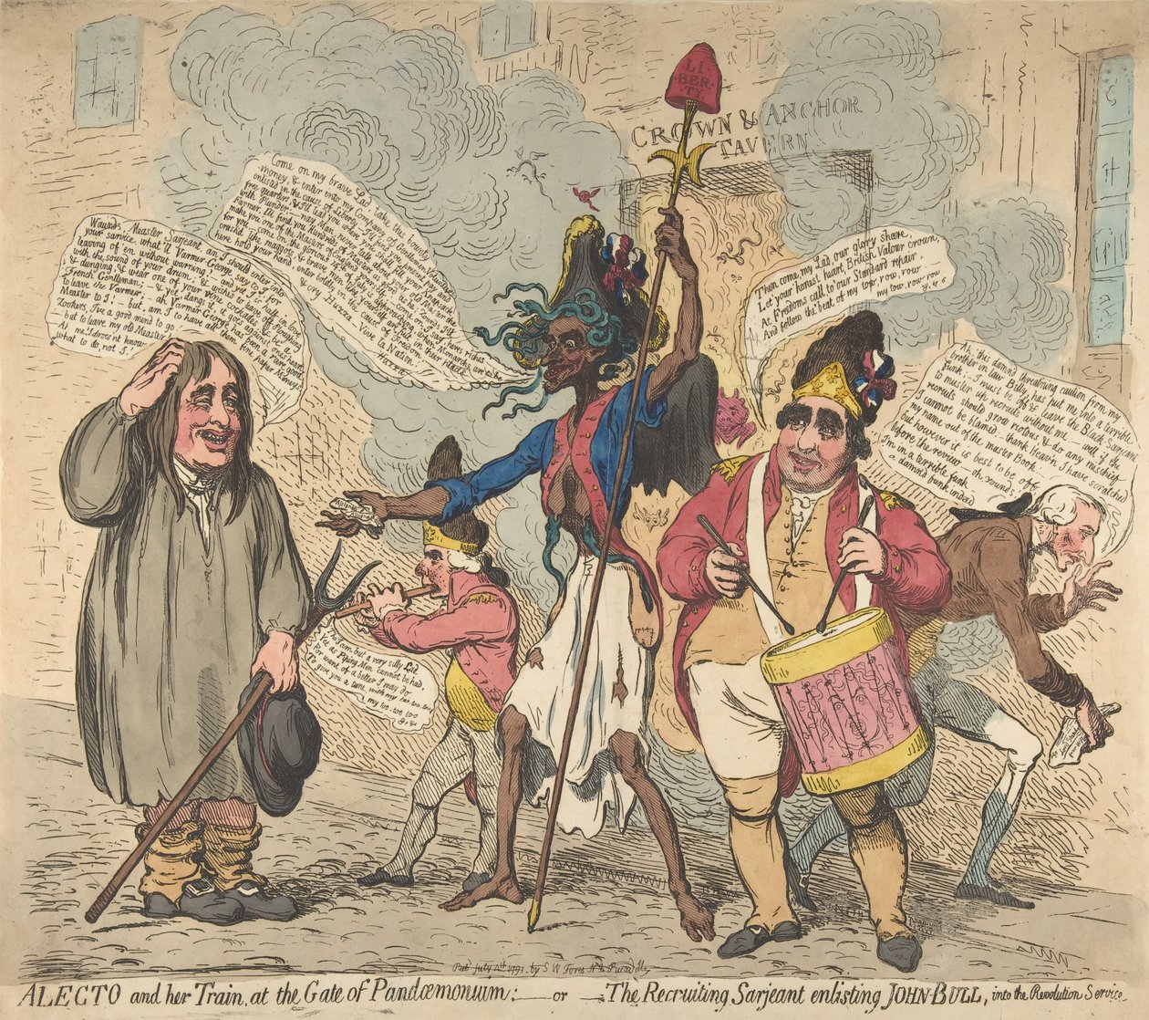 Alecto és a vonata, a Pandaemonium kapujában:-vagy-A toborzó Sarjeant Enli..., 1791. július 4. alkotó: James Gillray