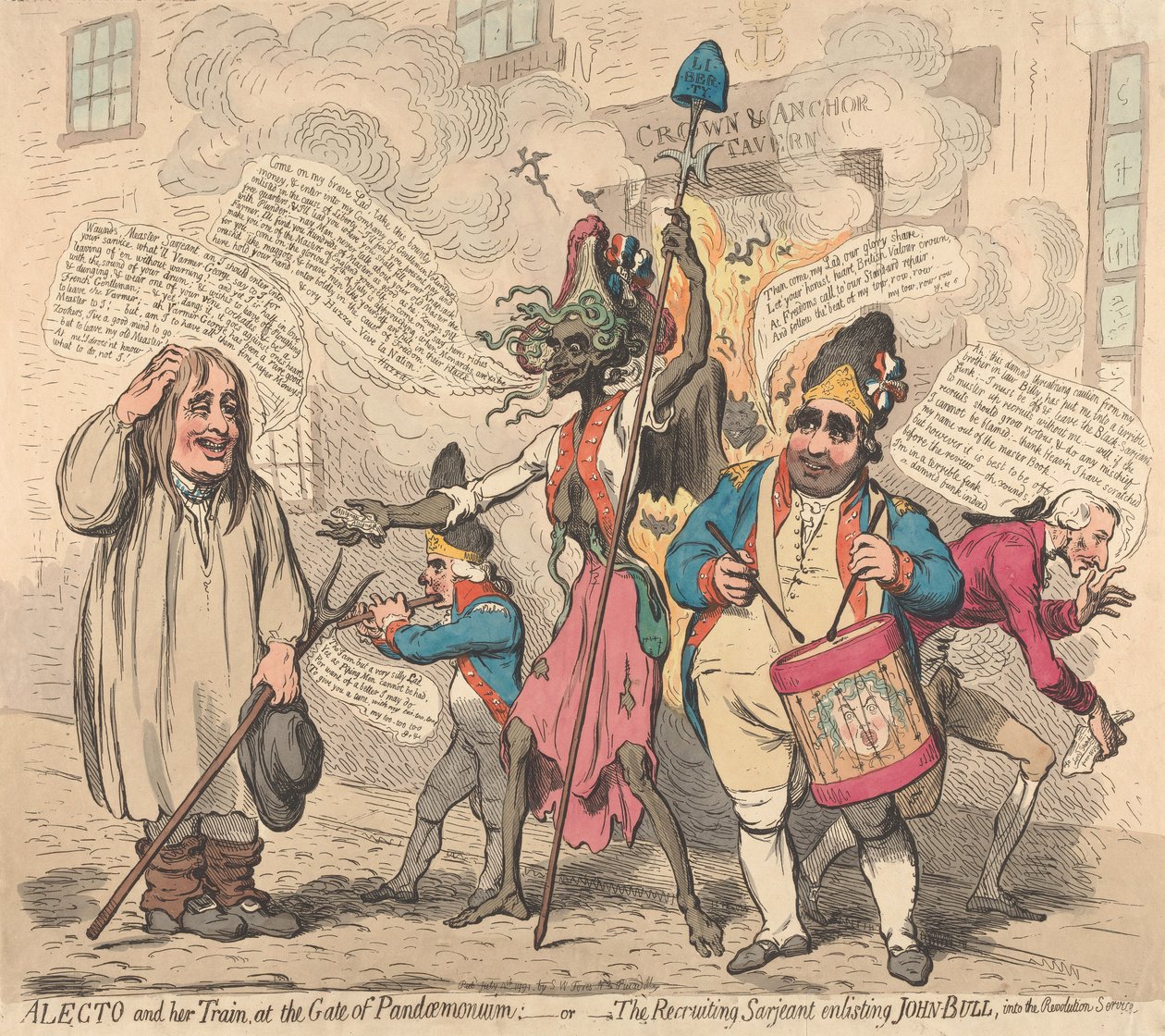 Alecto és kísérete Pandemonium kapujánál - avagy - A toborzó őrmester, aki John Bullt forradalmi szolgálatra besorozza alkotó: James Gillray