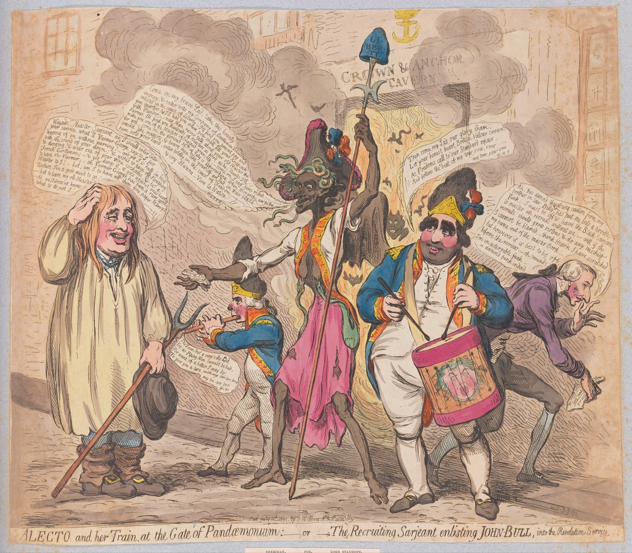 Alecto and his Train at the Gate of Pandaemonium vagy The Recruiting Sarjeant, John Bull bevonása a Revolution Service-be, kocsmába. (kézzel színezett gravírozás) alkotó: James Gillray