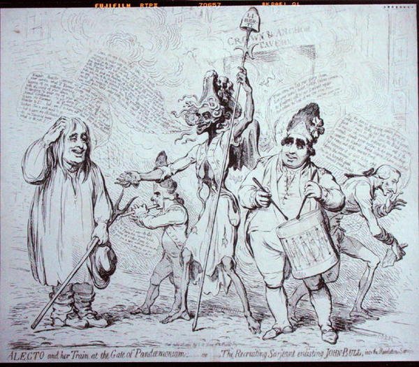 Alecto and her Train at the Gate of Pandemonium, or The Recruiting Serjeant toborzása John Bullnak a forradalmi szolgálatba, kiadta S.W. Fores 1791-ben (metszet). alkotó: James Gillray