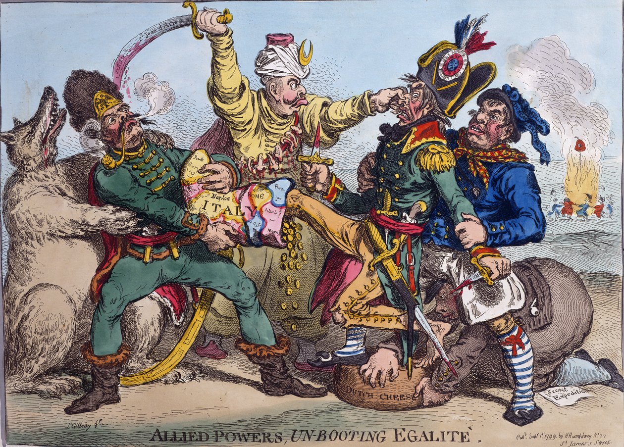 Az Allied Powers Un-Booting Egalite, Hannah Humphrey adta ki 1799-ben (kézzel színezett rézkarc) alkotó: James Gillray