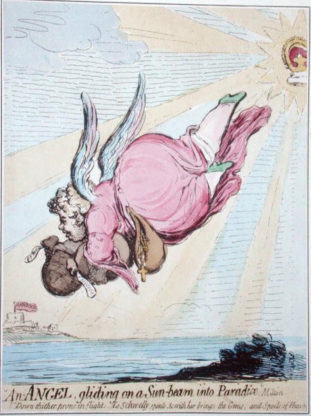 Angyal siklik a napsugáron a Paradicsomba (kézi színezett metszet) alkotó: James Gillray
