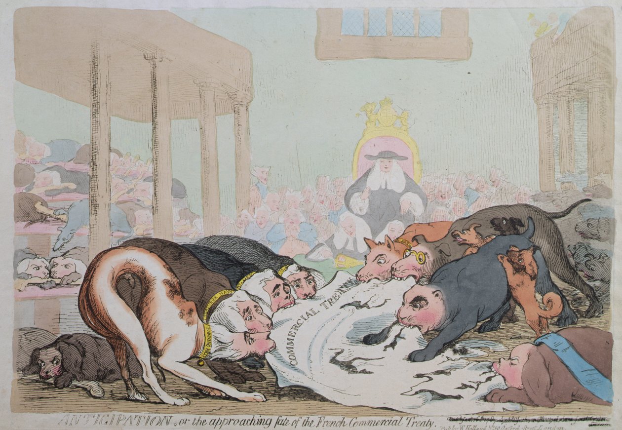 Várakozás, avagy A francia kereskedelmi szerződés közeledő sorsa, W. Holland kiadója 1786-ban (kézzel színezett rézkarc) alkotó: James Gillray