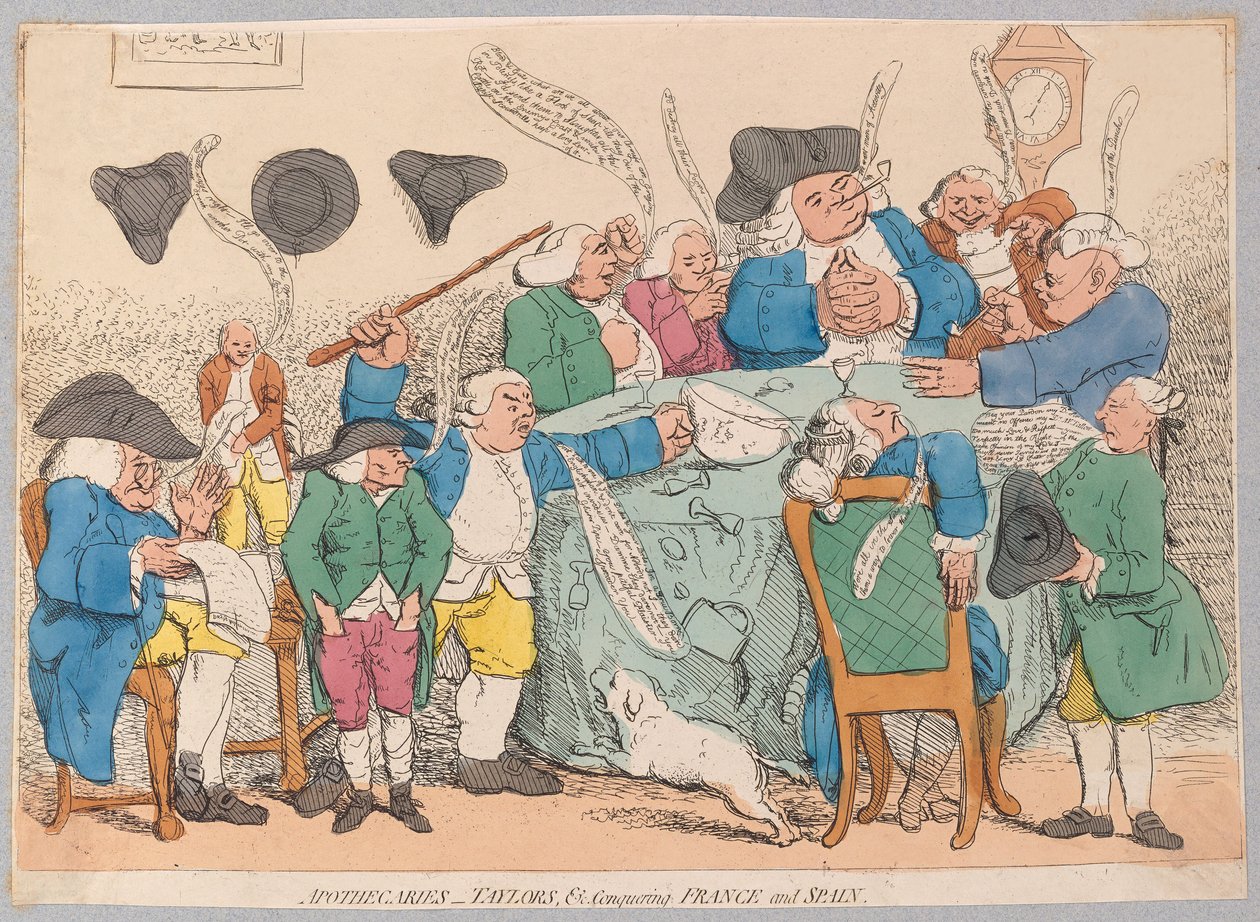 Franciaországot és Spanyolországot hódító patikusok, Taylorok stb., kocsma. 1779 (kézzel színezett metszet) alkotó: James Gillray