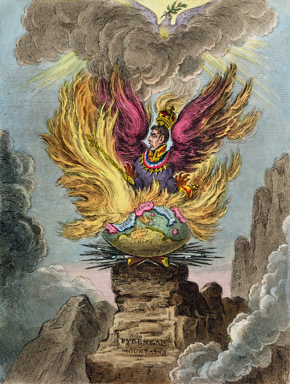 A Korzikai Főnix apoteózisa, Hannah Humphrey 1808-ban (kézzel színezett rézkarc) alkotó: James Gillray