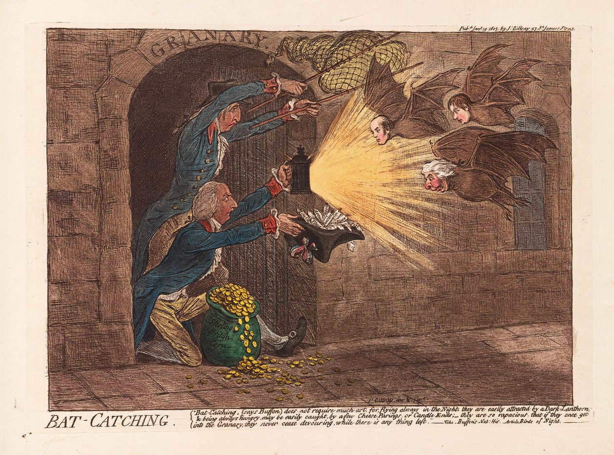 Denevérfogás, kocsma. 1803 (kézzel színezett metszet) alkotó: James Gillray