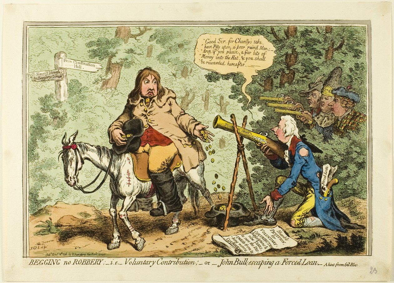 Koldulás nem rablás; azaz önkéntes hozzájárulás, vagy John Bull menekülése a kényszerített kölcsön elől alkotó: James Gillray
