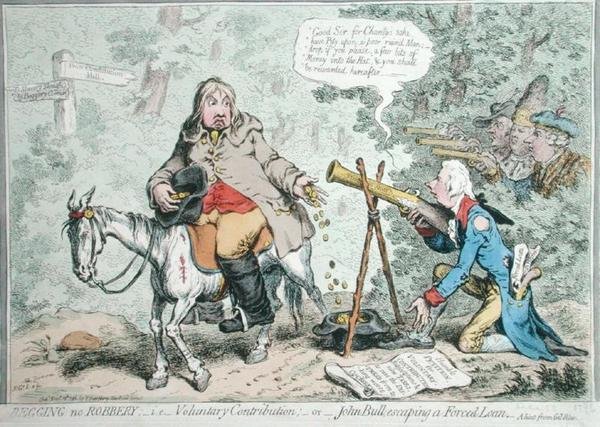 Begging no Robbery: azaz Önkéntes hozzájárulás, avagy John Bull, aki kényszerkölcsönből menekül, Hannah Humphrey adta ki 1796-ban (kézzel színezett rézkarc) alkotó: James Gillray