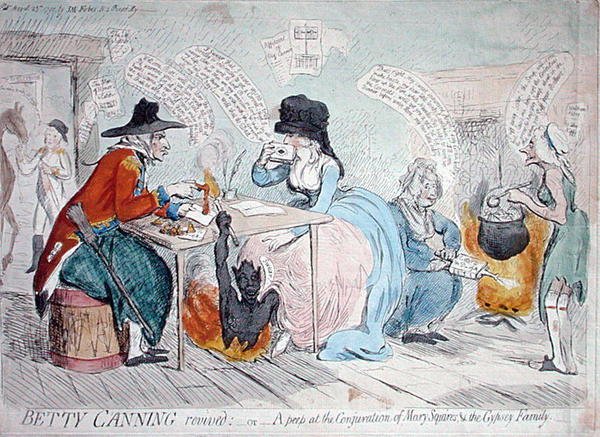 Betty Canning újjáéledt, avagy Bepillantás a Mary Squires és a cigánycsalád megidézésére, J. M. Forbes 1791-ben (kézzel színezett rézkarc) alkotó: James Gillray