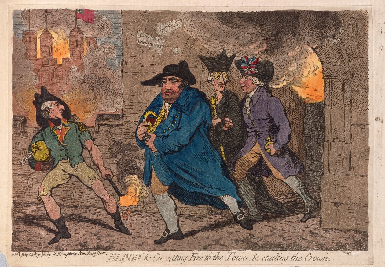 A Blood & Co. felgyújtja a tornyot és ellopja a koronát, kocsma. 1788 (kézzel színezett metszet) alkotó: James Gillray
