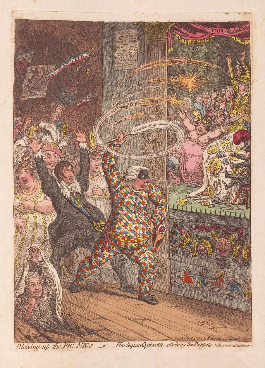 A Pic Nics felrobbantása vagy a Harlequin Quijote a Puppets megtámadása, kocsma. 1804 (kézzel színezett metszet) alkotó: James Gillray