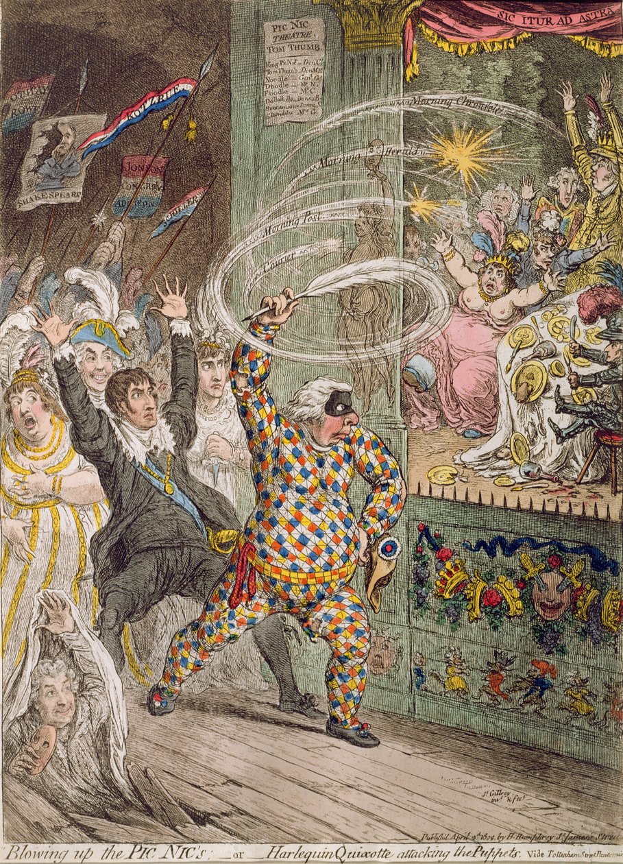 A Pic Nic felrobbantása, avagy Harlequin Quijote támadja a bábukat, Hannah Humphrey adta ki 1802-ben (kézzel színezett rézkarc akvatintával) alkotó: James Gillray