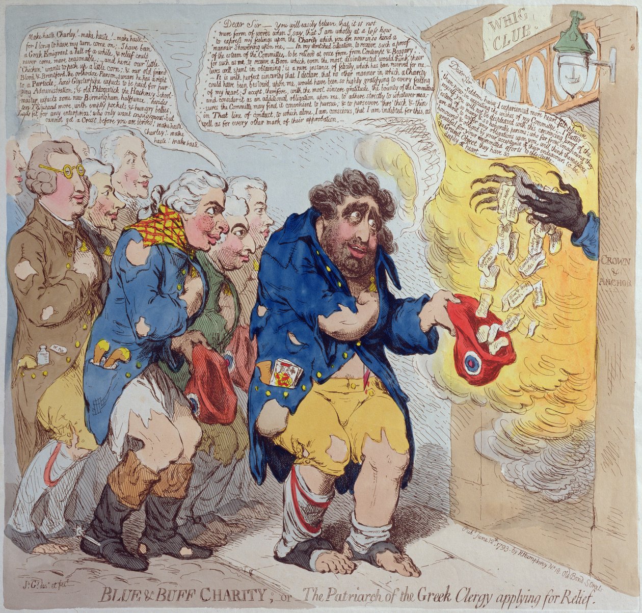 Blue und Buff Charity, avagy A segélyért folyamodó görög pap pátriárkája, Hannah Humphrey adta ki 1793-ban (kézzel színezett rézkarc) alkotó: James Gillray