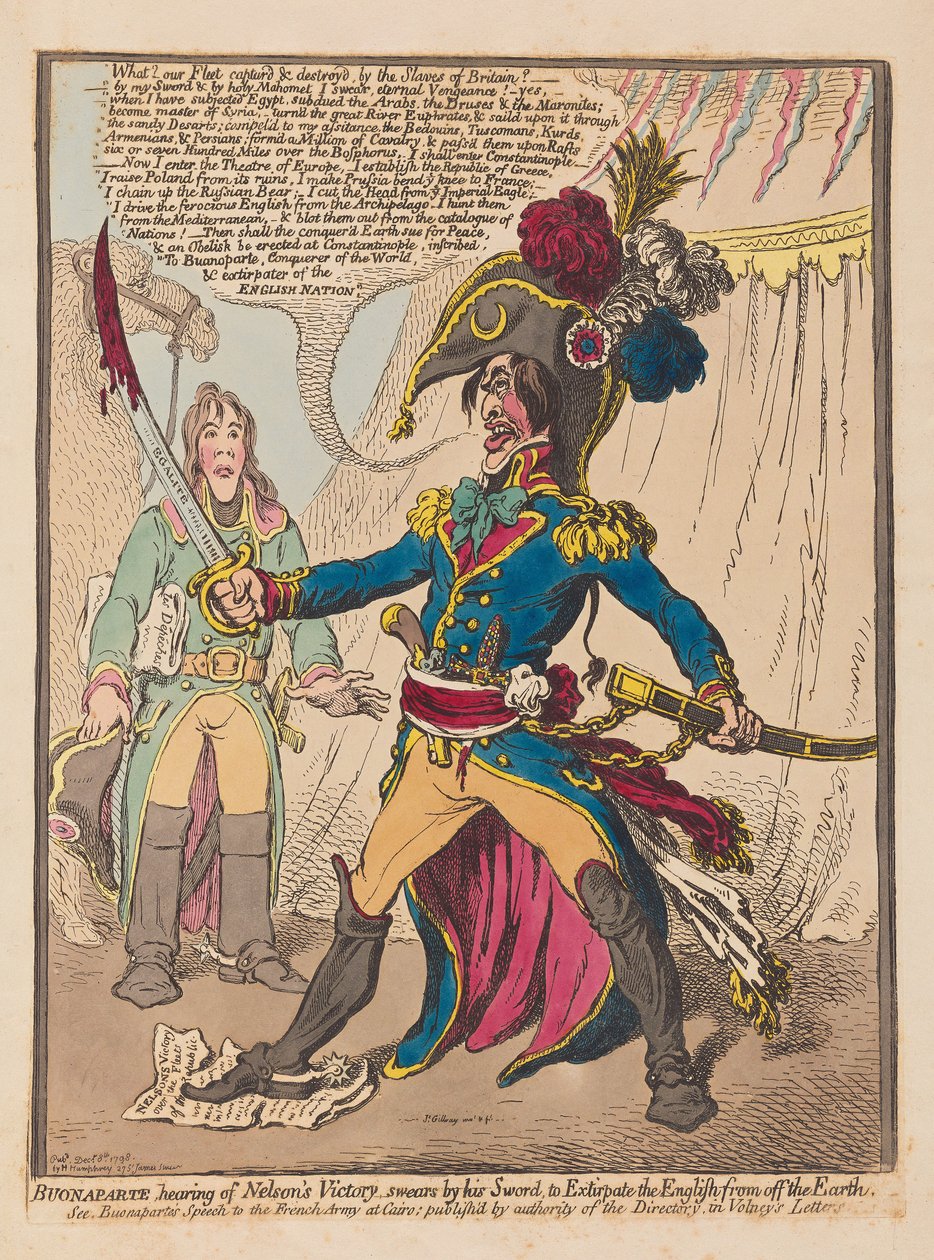 Bonaparte Nelsons Victory hallatán a kardjára esküszik, hogy kiirtsa az angolokat a Földről, kocsma. 1798 (kézzel színezett metszet) alkotó: James Gillray