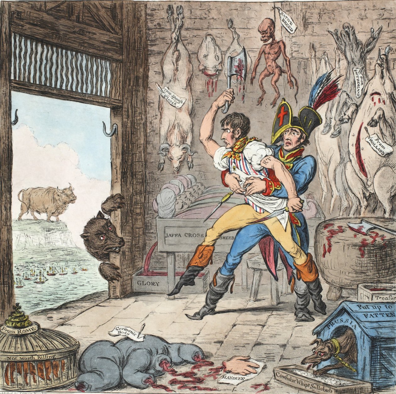 Boney és Talley, A korzikai hulla-mészárosok számonkérés napja – Negyednap nélkül!, pb. 1803 (kézzel színezett metszet) alkotó: James Gillray