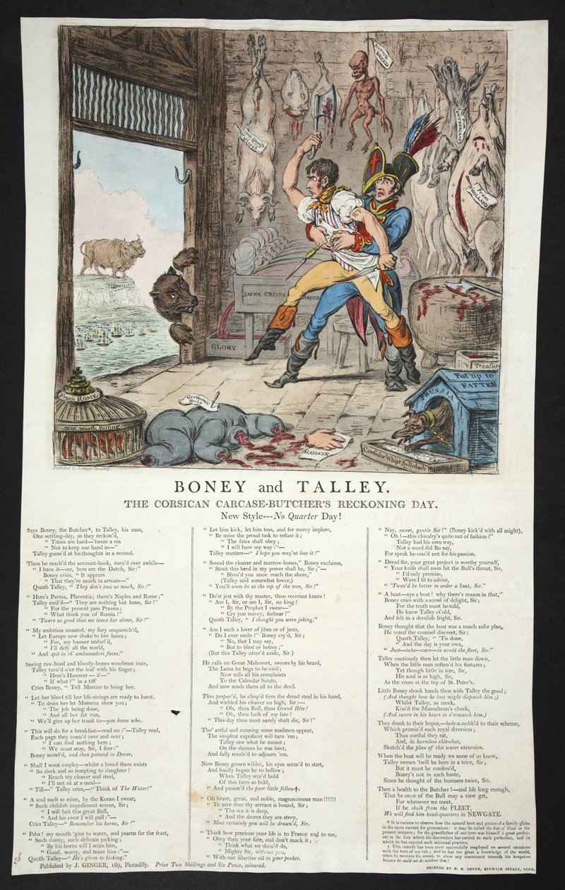 Boney és Talley, A korzikai hulla-mészárosok számonkérés napja – Negyednap nélkül!, pb. 1803 (kézzel színezett metszet) alkotó: James Gillray