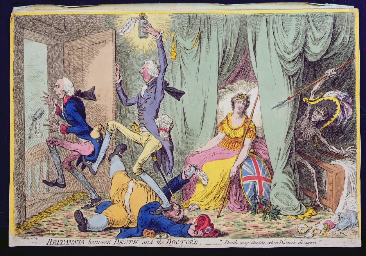 Britannia a halál és a doktor között, Hannah Humphrey adta ki 1804-ben (kézzel színezett rézkarc) alkotó: James Gillray