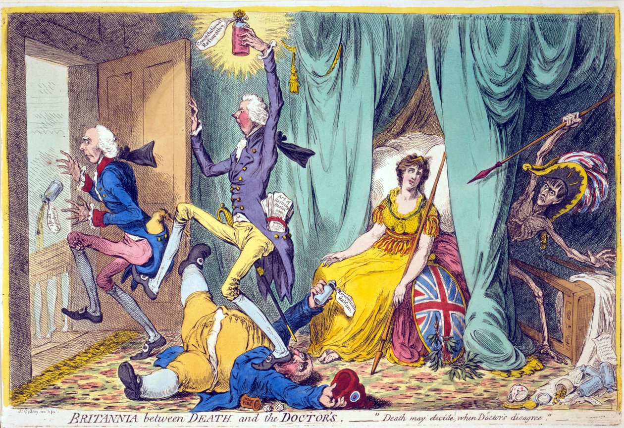 Britannia a halál és a doktorok között, pub. Hannah Humphrey, 1804. május 20. (kézi színes metszet) alkotó: James Gillray