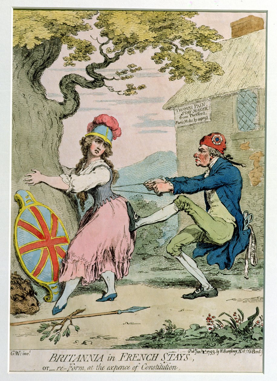 Hannah Humphrey 1793-ban kiadott Britannia francia tartózkodásban, avagy újraformálódás az alkotmány költségén (kézzel színezett rézkarc) alkotó: James Gillray